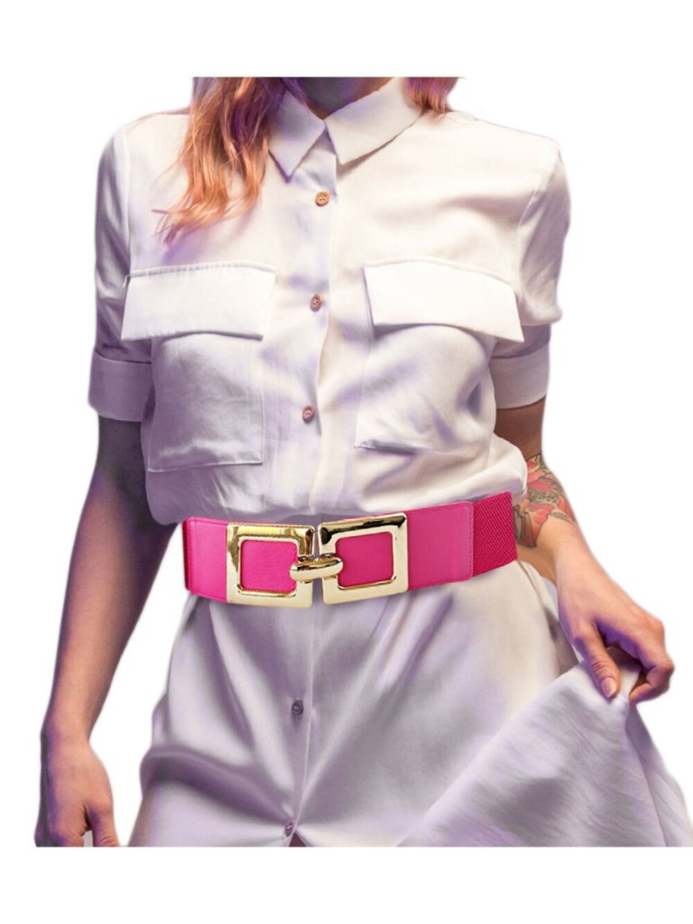 Tigerstars Pink Double Metal Square Hook Buckle Pointed Elastic Belt